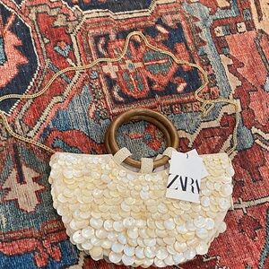 Zara Cream Sequin Mini Bag with Wooden Handles